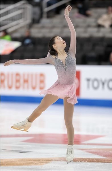 Freshman Soho Lee performs her routine at the 2023 Toyota US Figure Skating Championships in San Jose, CA. “I love competing,” Lee said. “Its obviously very nerve-wracking, but I really enjoy it. The feeling you get after a good performance is unexpected; you cant explain it.”