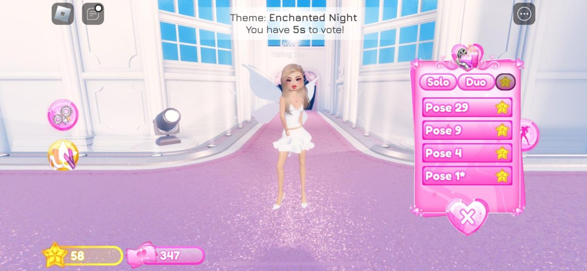 A fairy avatar in the virtual fashion game Dress to Impress poses for the theme "Enchanted Night." Participants are expected to create an outfit within five minutes to be judged by their peers. 