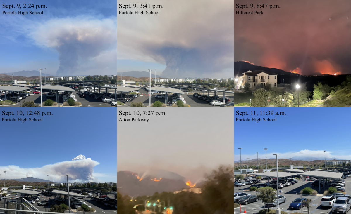 The progression of the Airport Fire can be seen from just over an hour after it started on Sept. 9 to its current state moving down the canyon on Sept. 11. The fire is expected to continue spreading over the next few days, according to Orange County Fire Authority Captain Steve Concialdi.