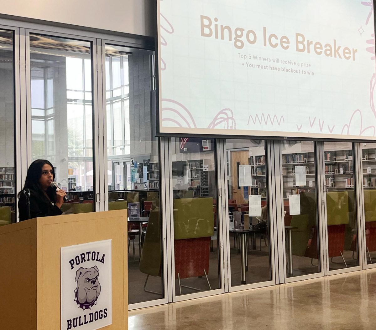 DECA vice president and senior Harini Rameshbabu introduces an ice breaker activity at the annual Portola High Business Mini Conference. Having put in the time to cultivate the conference, Rameshbabu addresses her peers in the opening activity. Rameshbabu said that her intention to join the business program came from longing for self-discovery. “I just wanted to gain more leadership skills and just overall, learn more stuff about myself and gain communication skills,” Rameshbabu said. “I thought it was a great way for me to learn what I do best and learn what works for me and not.”