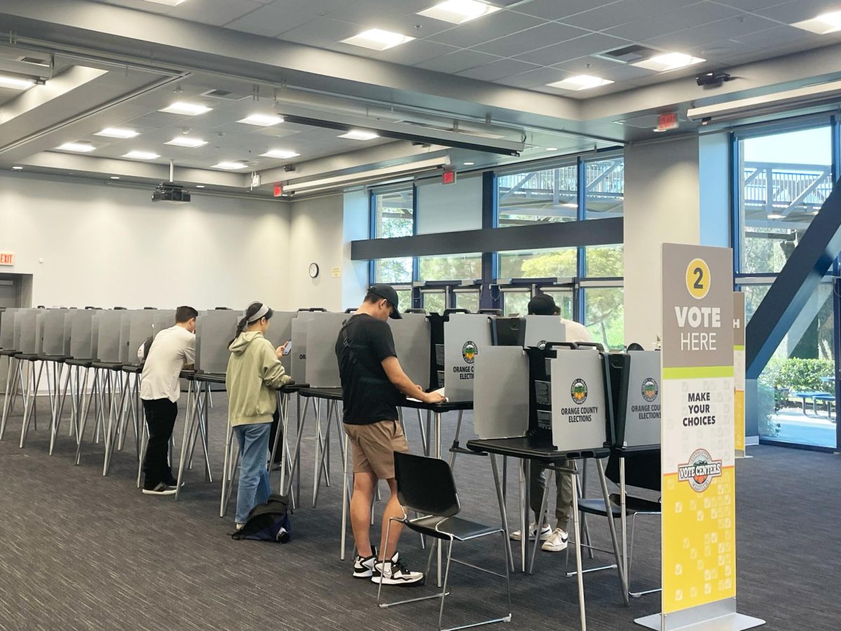 Students vote in polling booths found in the University of California, Irvine (UCI) Student Center. “It is very important for young people to be involved and do their civic duty because they are going to be the ones living in the future, [which] depends on the results of the vote,” UCI vote center lead and Orange County Registrar of Voters representative Elena Marukhlenko said. “So it's very important for young people to know what's going on and to find out and just be proactive.”