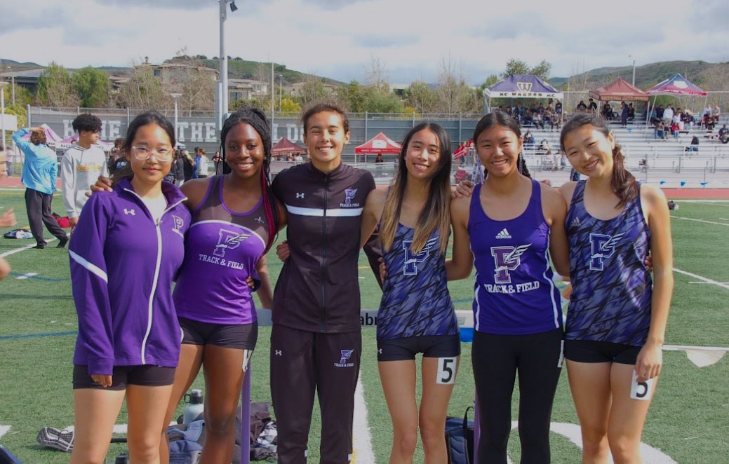 After the 2024 Earl Engman, a track relay invitational, Skeete and the hurdles team pose for a photo. “I [like] making connections with people,” Skeete said. “I still keep in touch with a few friends from water polo and track, and they're some of my closest friends now.” 