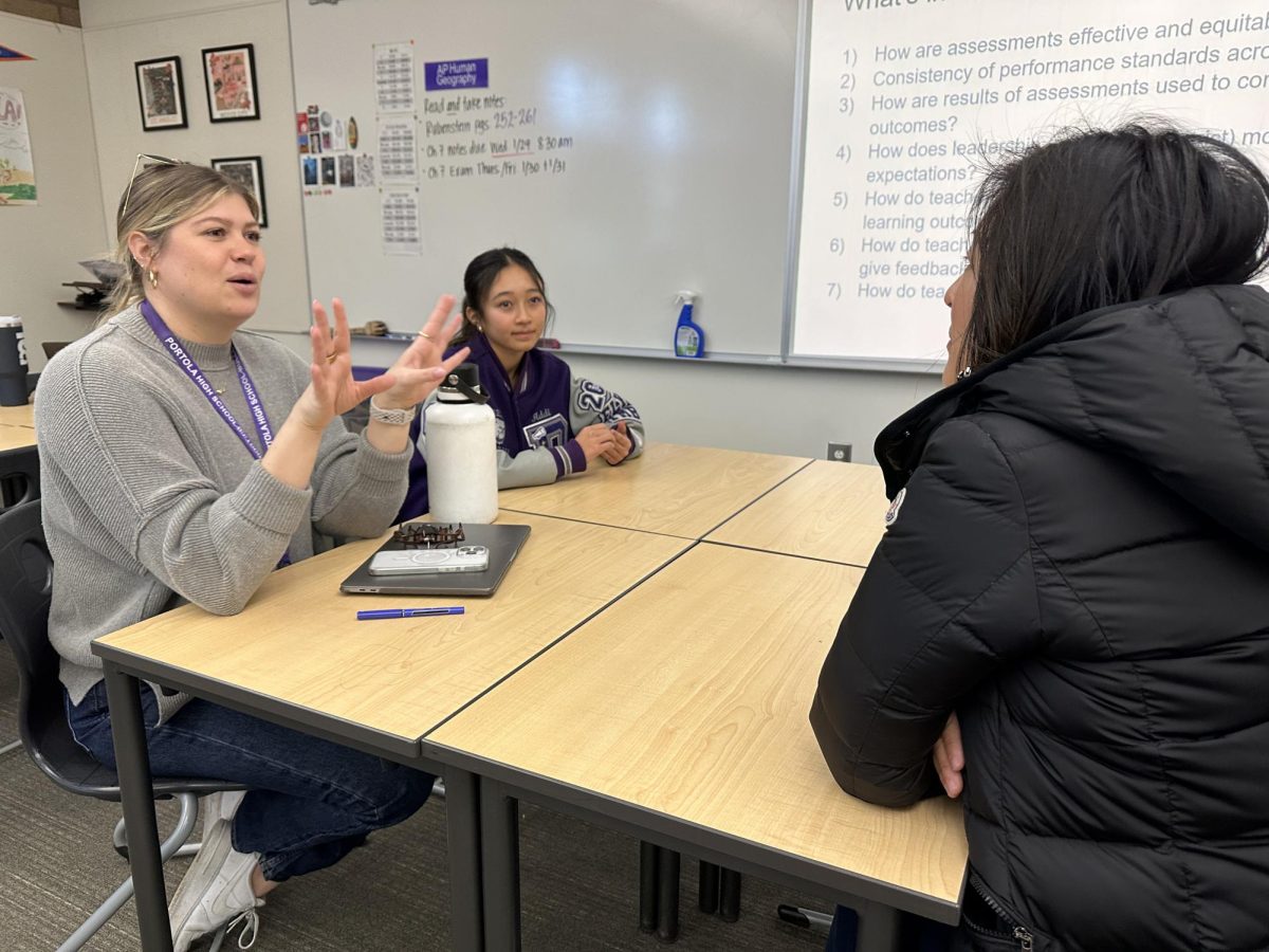 Math teacher Rachel Schneble, Youth Advisory Council member and sophomore Addi Arredondo and parent Sarah Chen discuss Portola High’s assessment process as part of the self-study process used for accreditation. “I'm proud to have my voice heard and be able to speak for other students that want problems addressed and faced,” Arredondo said.