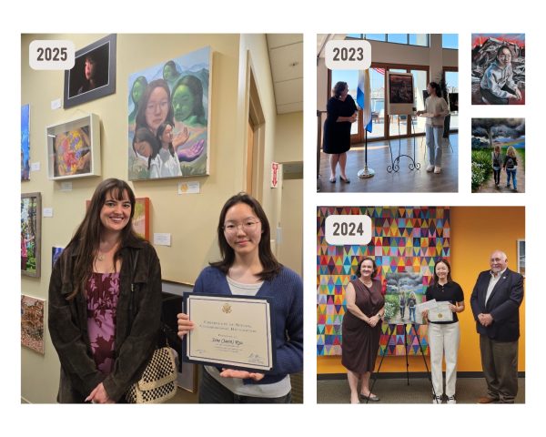 Junior Jane Ryu stands in front of her winning art from over the past three years. “I think it helps to think about how your message will be received by people beyond Portola,” Ryu said. “Choosing something that’s both personal and relatable universally can make your work really stand out.” 