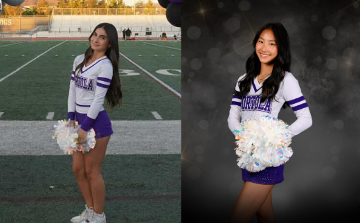 Senior Hanna Kim poses in her Portola Pep Squad uniform during media day, celebrating four years of spirit while Senior Kathy Pedram closes out her final year on the Portola Pep Squad during senior night, celebrating not just her upcoming graduation, but also the unforgettable memories as part of the cheer community.