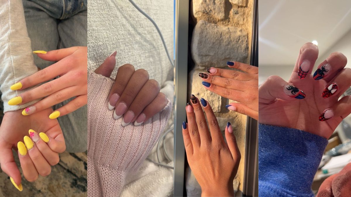 Junior Simar Kaur presents four recent nail sets. “The first set I did was French, and I remember it looked really bad,” Kaur said. “I remember the Spider-Man set that took me six hours to do. I feel like after I did the Spider-Man nails, I got the hang of it, and after that everything got easier.”
