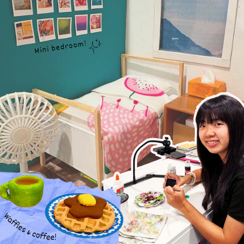 On the bottom right, senior Chloe Im paints a miniature record player for her latest project while filming the process for her Instagram page, @mini_create3.  Shown on the bottom left, Im made tiny waffles and coffee from polymer clay. She often gets inspiration from materials she already has at home, making the craft sustainable as well. “Recently, I made a bowl of cereal because I realized I had these beads that looked like Fruit Loops,” Im said. “But it’s just what I have time to do, and what materials I have.”