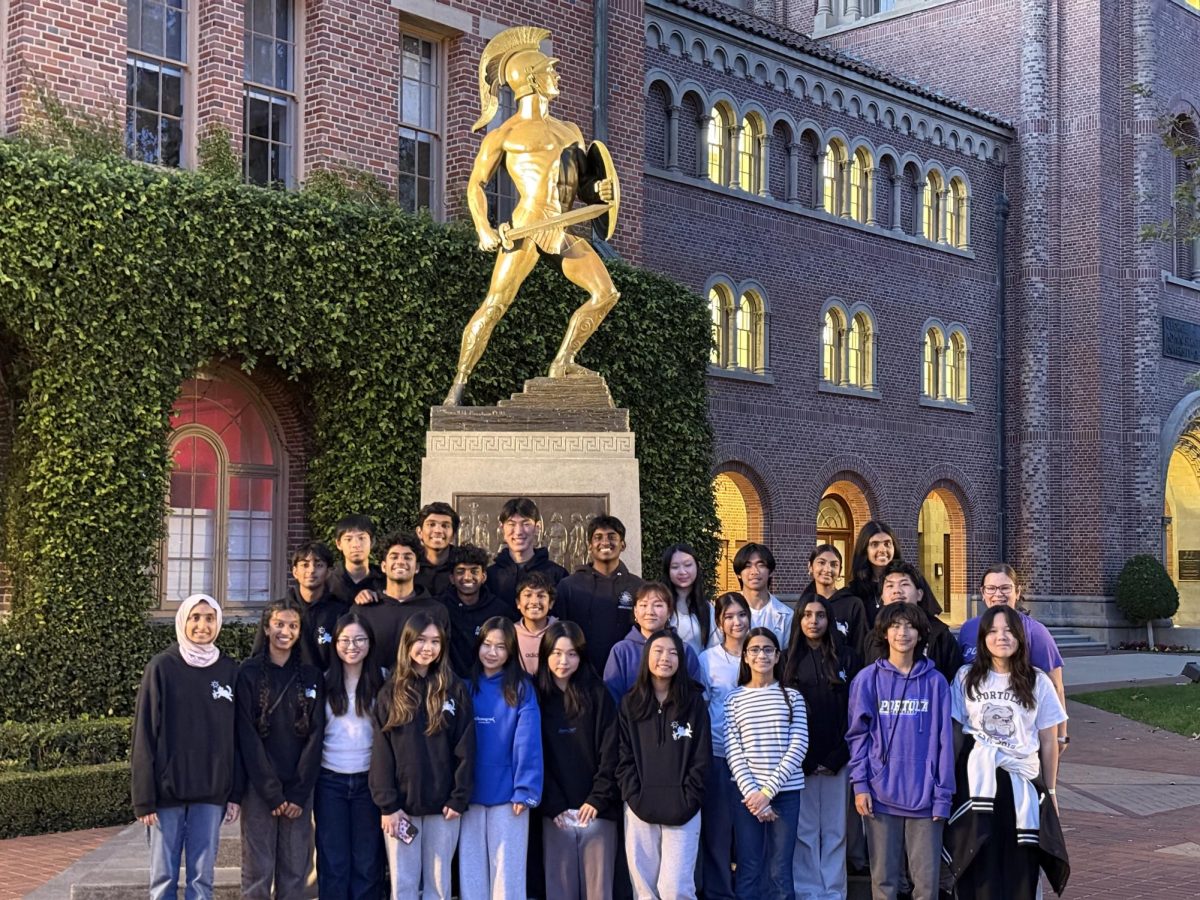 Portola High School Science Olympiad members pose in front of the Trojan statue at USC. “Everyone, in general, learned more collaboration, because this was our second big tournament of the season, so I think people were understanding their partnerships and getting better at collaborating,” Wuppalapati said. “That was probably something that we learned that we're gonna try to take into the next invitational.”
