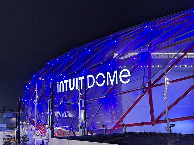 The Intuit Dome, host of the 2026 NBA All-Star Weekend and home of the Los Angeles Clippers, is illuminated at night in Inglewood, California. This year marks the 75th anniversary of All-Star Weekend, featuring star power, highlights and more.