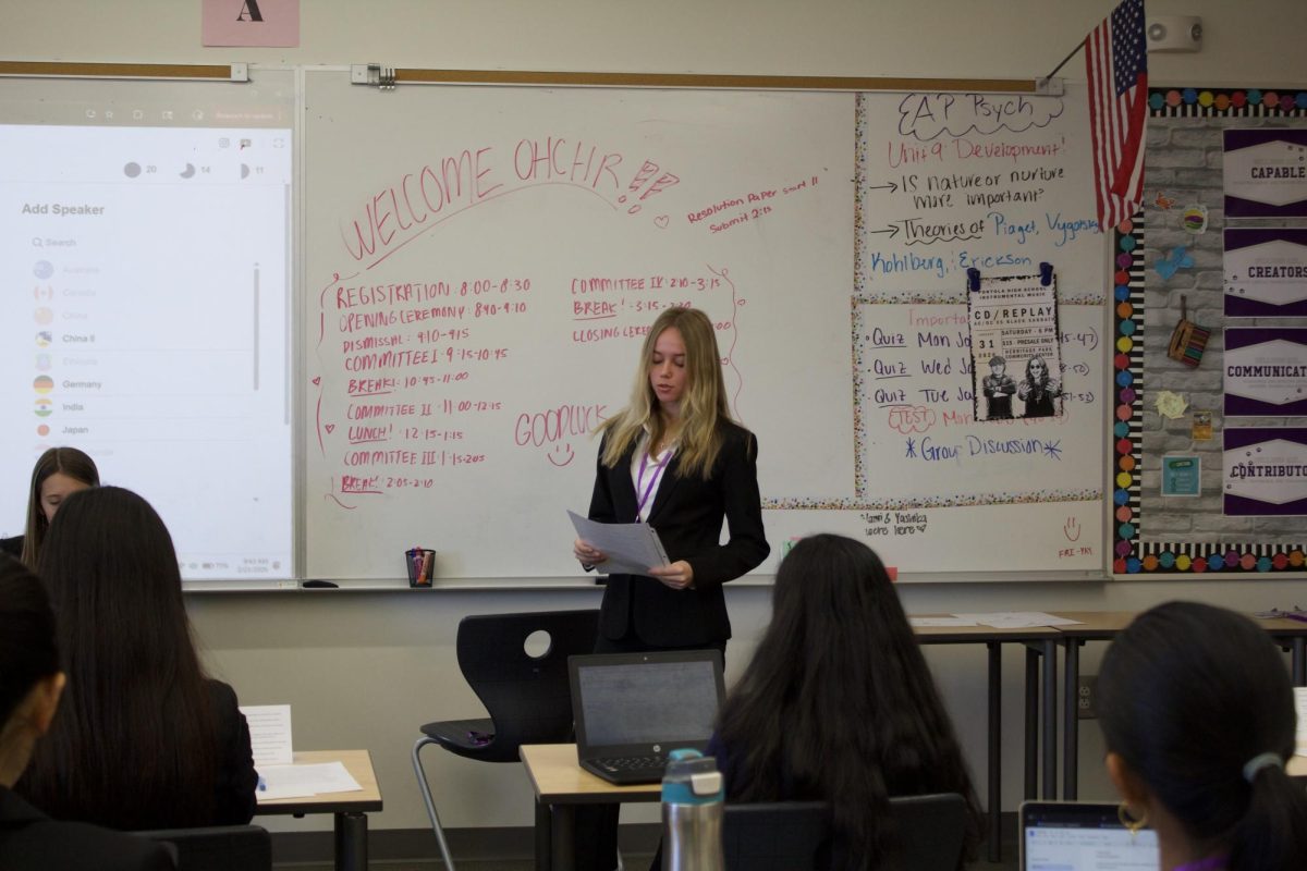 Junior Polina Makovetska represents Ukraine and presents her case in front of the global human trafficking committee. “I would say the most rewarding part of partaking in a conference is the award ceremony at the end,” Makovetska said. “Because you get to see if whatever you said and the work you put in had given you an award.”