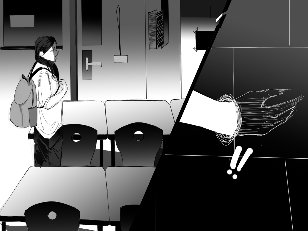 It was approximately 12:20 when I entered room 1755 for my eighth period. Even though it looked the same as the rooms of other buildings, there was something off about it that I couldn’t explain. Like the uncanny valley, it had all the hallmarks of a typical building, but there was just an eerie vibe that made me uneasy as I stepped into the empty room. 

I don’t know if I was just early, but the classroom was strangely deserted. The desks were neatly arranged in rows, and the fluorescent lights shone so harshly that they almost blinded me. As I dragged my hand across the wall to check if I wasn’t hallucinating, I felt something give way, and my hand clipped through the wall. I stumbled over my feet in shock and fell headfirst into the wall. 
