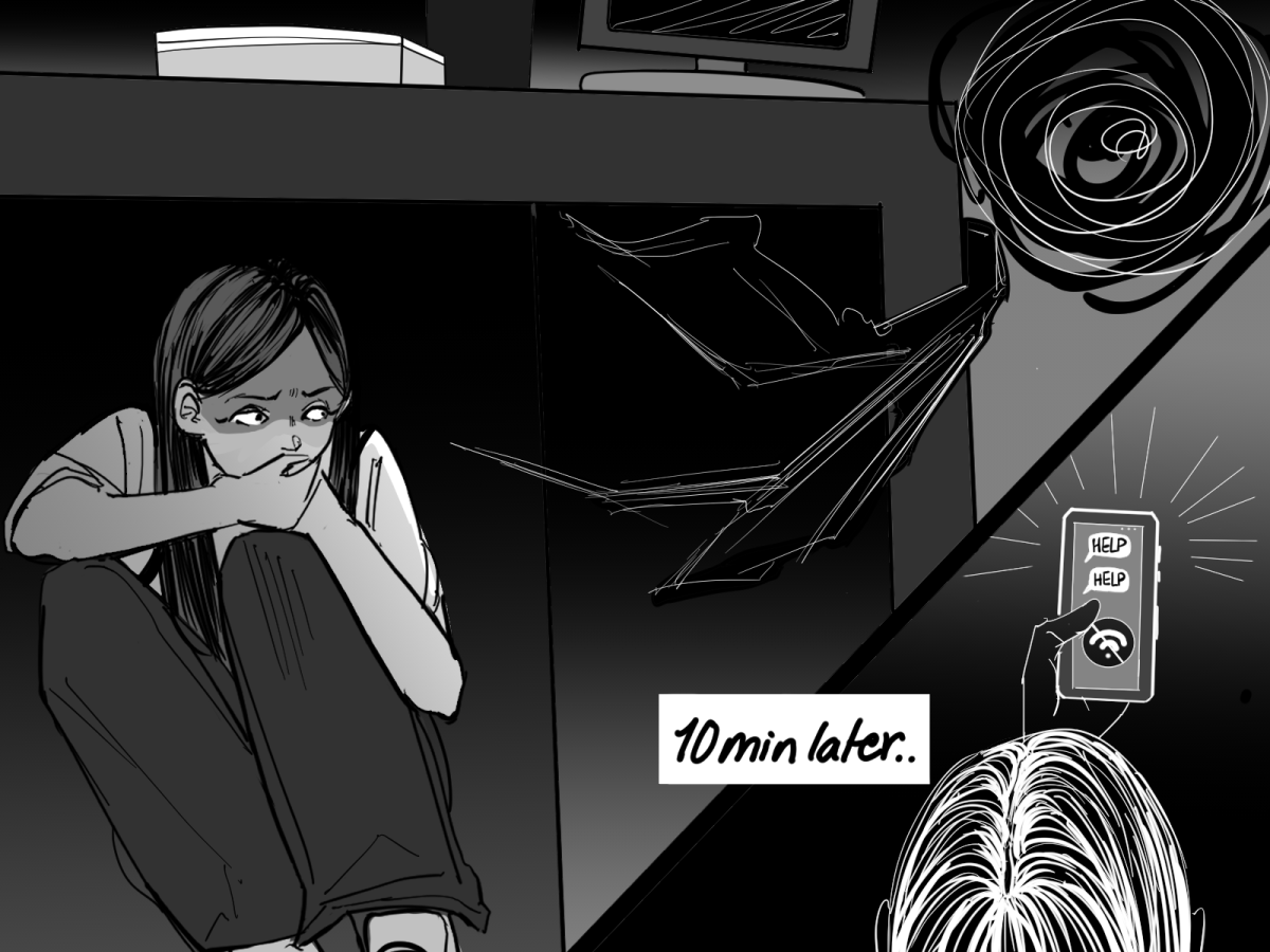 I swiveled left, threw open the door and scrambled to hide under one of the teachers’ desks in the corner. I clamped my hands over my nose and mouth and tried to hold my breath as I heard something crawling in between the tables, rummaging underneath them to find me. Just when I thought I was safe, the creature put its limbs over the desk I was under. I made myself small inside and tried to avoid the tendrils moving around inches from my face. 

I waited until I heard the door creak open and close again before I let out my breath. I waited several more minutes before I dared to peek out from underneath the desk and look out the windows. I couldn’t see it. 
